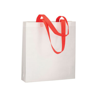 Günstiger Shopper Bolzano Nonwoven Tasche weiß mit roten langen Henkeln im Siebdruck bedrucken