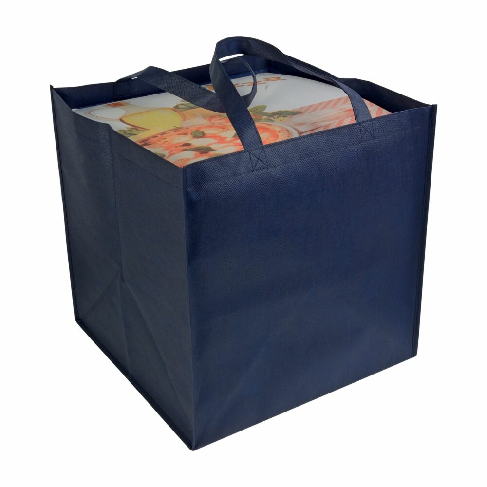 Pizza-Tasche Cori Nonwoven PP-Vlies in Blau – 80 g/m², 36x37x36 cm, verstärkte Henkel 50 cm, Kreuznähte, bedrucken
