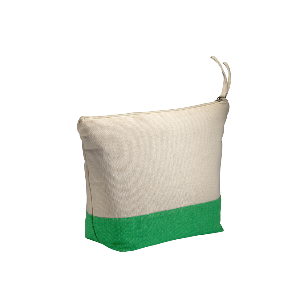 Kosmetiktasche recycelte Baumwolle Polyester in Natur-Grün – zweifarbig mit rotem Boden, 280 g/m², 30x20x10 cm, jetzt bedrucken