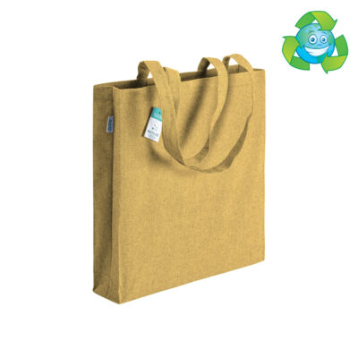 Recycling Baumwollshopper Lemur premium in Gelb – 190 g/m², 38x42x8 cm, Boden- und Seitenfalte, lange Henkel, jetzt bedrucken