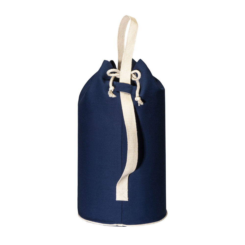 Seesack Trevi recycelte Baumwolle Polyester in Navy – Detailansicht Zuziehkordel und seitlicher Griff, 280 g/m², maritimer Stil, bedrucken