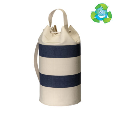 Seesack Trevi recycelte Baumwolle Polyester in Natur-Navy gestreift – Ø 24 cm, 45 cm hoch, Zuziehkordel, 2 Griffe, maritimer Look, bedrucken