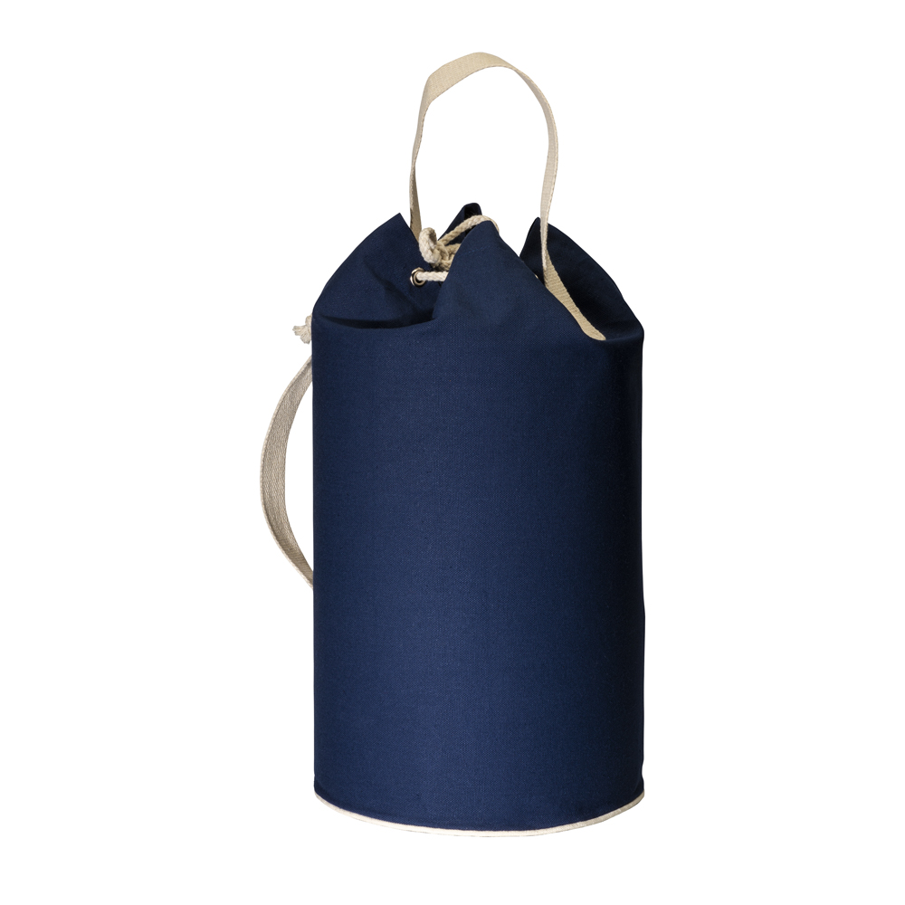 Seesack Trevi recycelte Baumwolle Polyester in Navy – Ø 24 cm, 45 cm hoch, Zuziehkordel, 2 Griffe, maritimer Look, bedrucken