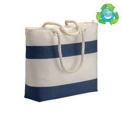 Strandtasche Cagli recycelte Baumwolle in Natur-Navy gestreift – 280 g/m², 55x39x15 cm, Kordelhenkel, maritimer Look, jetzt bedrucken