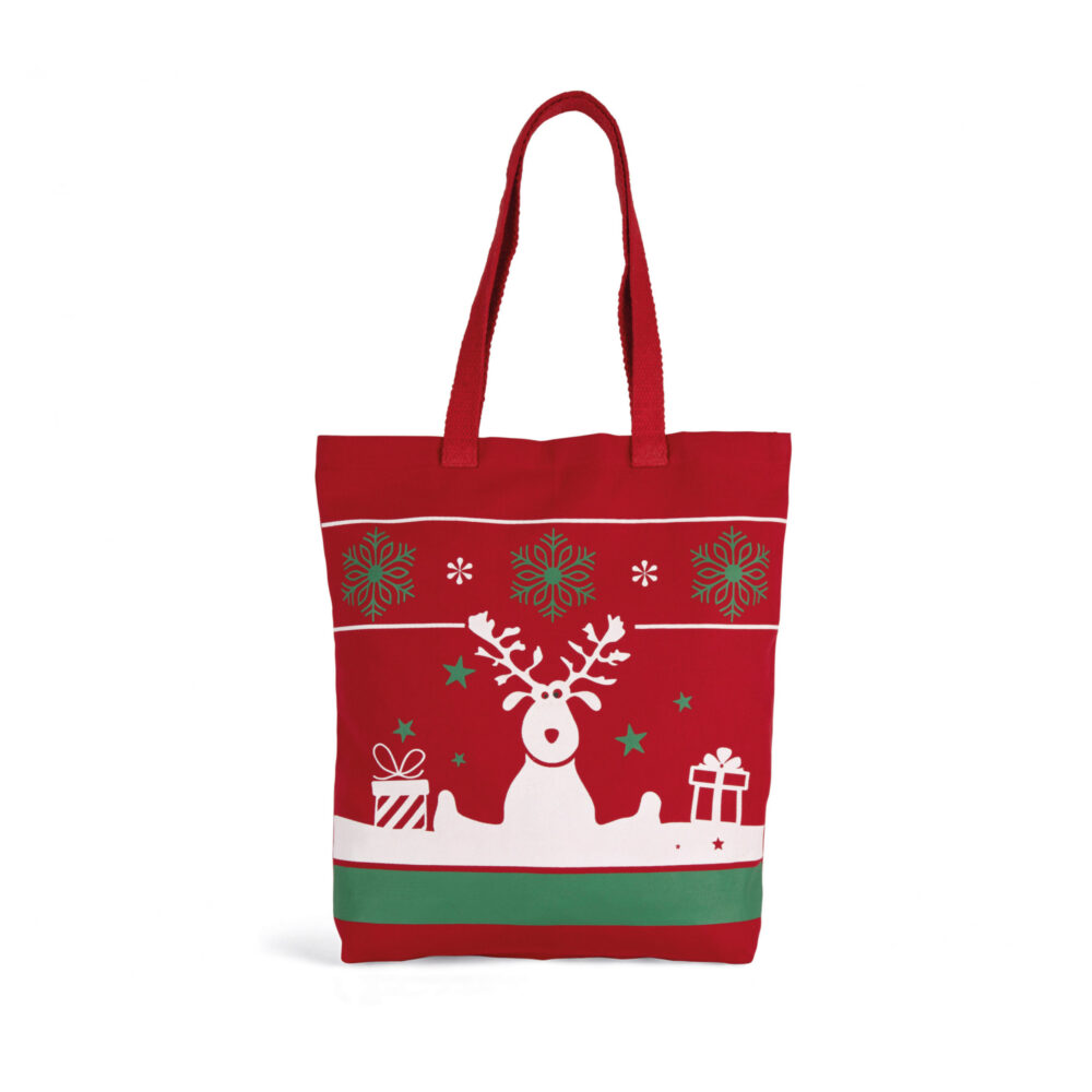 Robuste Weihnachtstasche Weihnachtsmotiv Rentier Cherry Red mit weiß-grünem Aufdruck als Geschenktasche