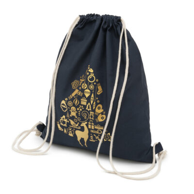 Weihnachtstasche Black Week dunkelblau Geschenkbeutel mit goldenem Weihnachtsmotiv