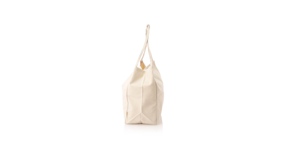 Stofftasche Yaponic recycelte Baumwolle in Natur – Seitenansicht mit Boden- und Seitenfalte, 300 g/m², 37x39x18 cm, bedruckn