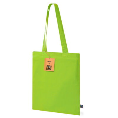 Baumwolltasche Inova farbig Fairtrade lange Henkel grün Hangtag aussen mit Fairtrade Logo