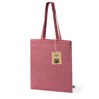 Baumwolltasche Lazar Fairtrade Recycling Baumwolle rot lange Henkel mit Etikett aus Kraftkarton