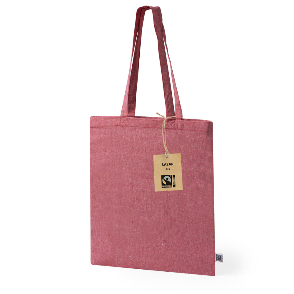 Baumwolltasche Lazar Fairtrade Recycling Baumwolle rot lange Henkel mit Etikett aus Kraftkarton