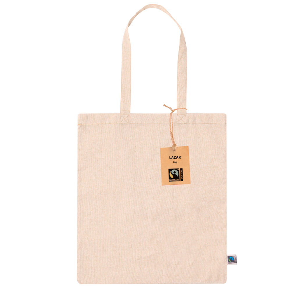 Baumwolltasche Lazar Fairtrade Recycling Baumwolle in natur mit Aussenetikett aus Kraftkarton