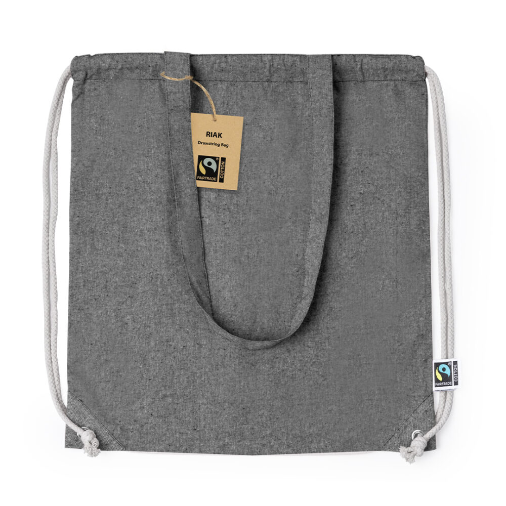 Turnbeutel Riak Recycling Fairtrade Baumwolle kurze Griffe schwarz Aussenlabel mit Fairtrade Logo