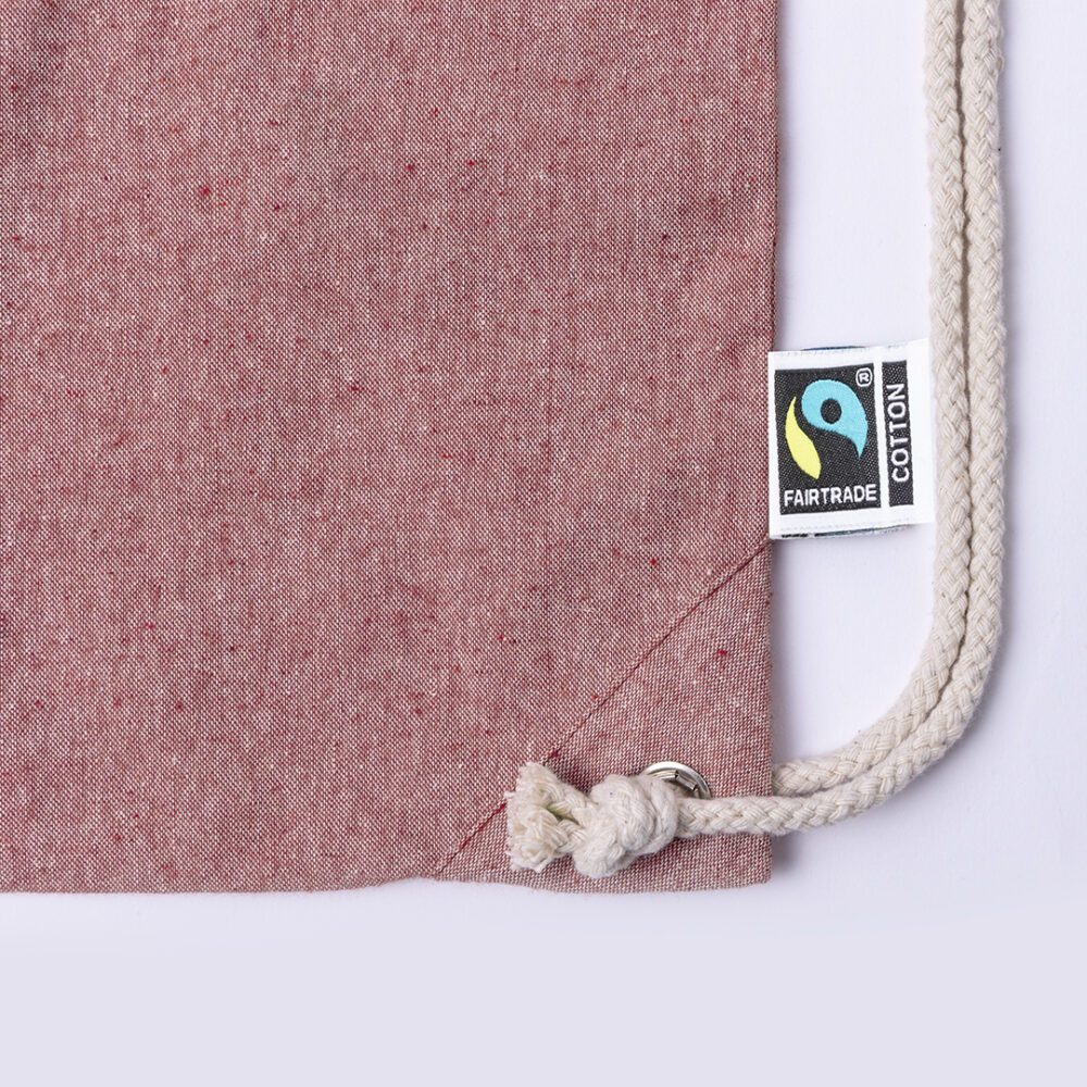 Turnbeutel Riak Recycling Fairtrade Baumwolle kurze Griffe Detail Aussenlabel