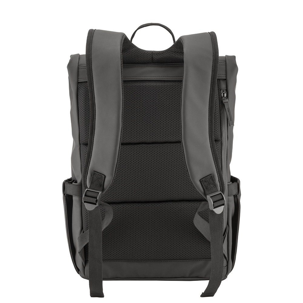 Roll-Top Rucksack Mori bedrucken – Rückansicht mit gepolstertem Rückenteil in Schwarz