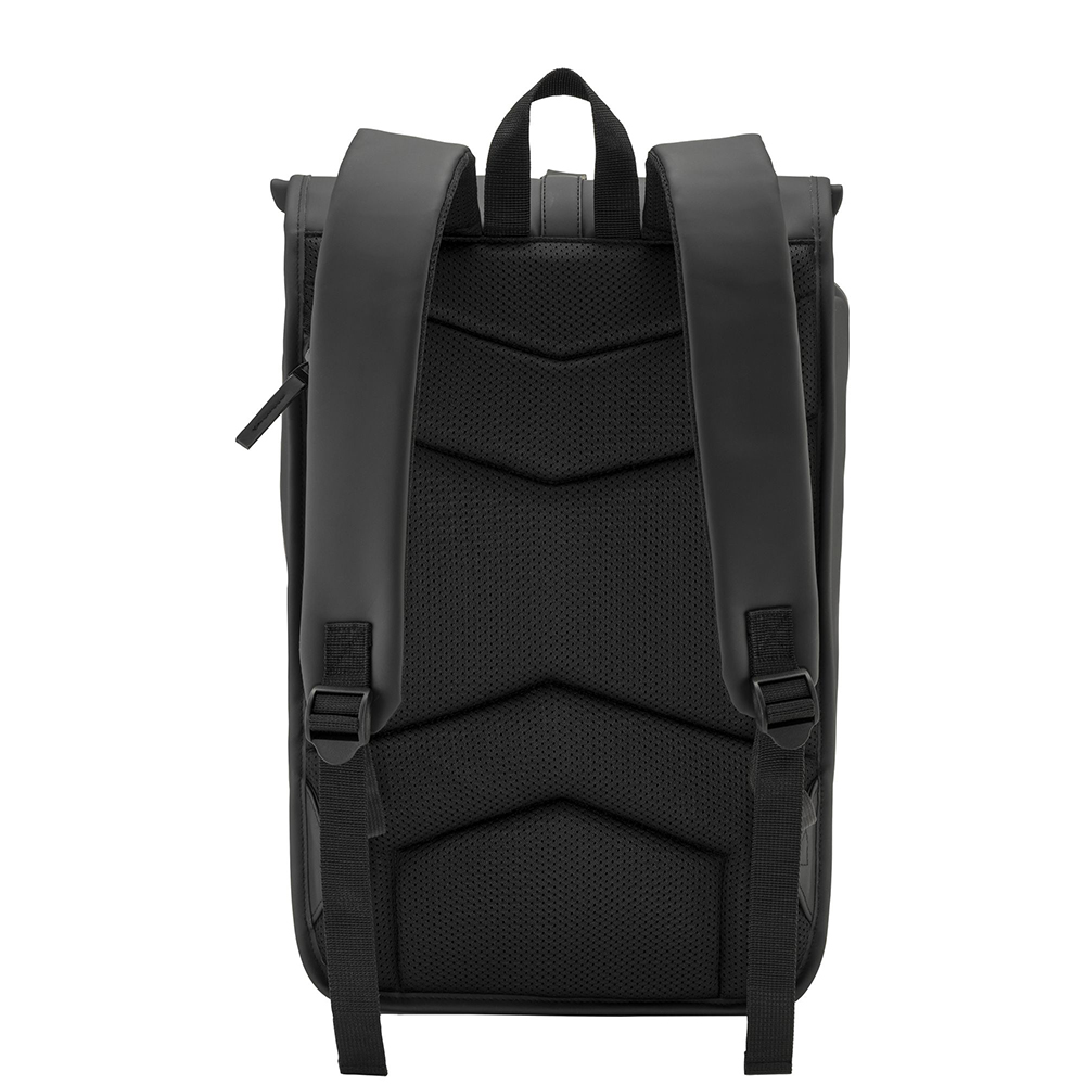 Roll-Top Rucksack Negrar bedrucken – Rückansicht mit gepolstertem Rücken in Schwarz