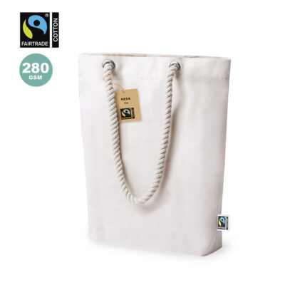 Elegante Fairtrade Einkaufstasche Hexa Linie natur mit Bodenfalte und dicken Kordeln, Hangtag aus Kraftkarton und Aussenlabel mit Fairtrade Logo