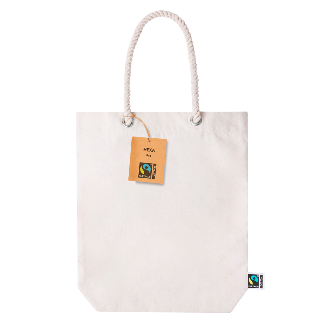 Elegante Fairtrade Einkaufstasche Hexa Linie natur mit Bodenfalte und dicken Kordeln, Hangtag aus Kraftkarton