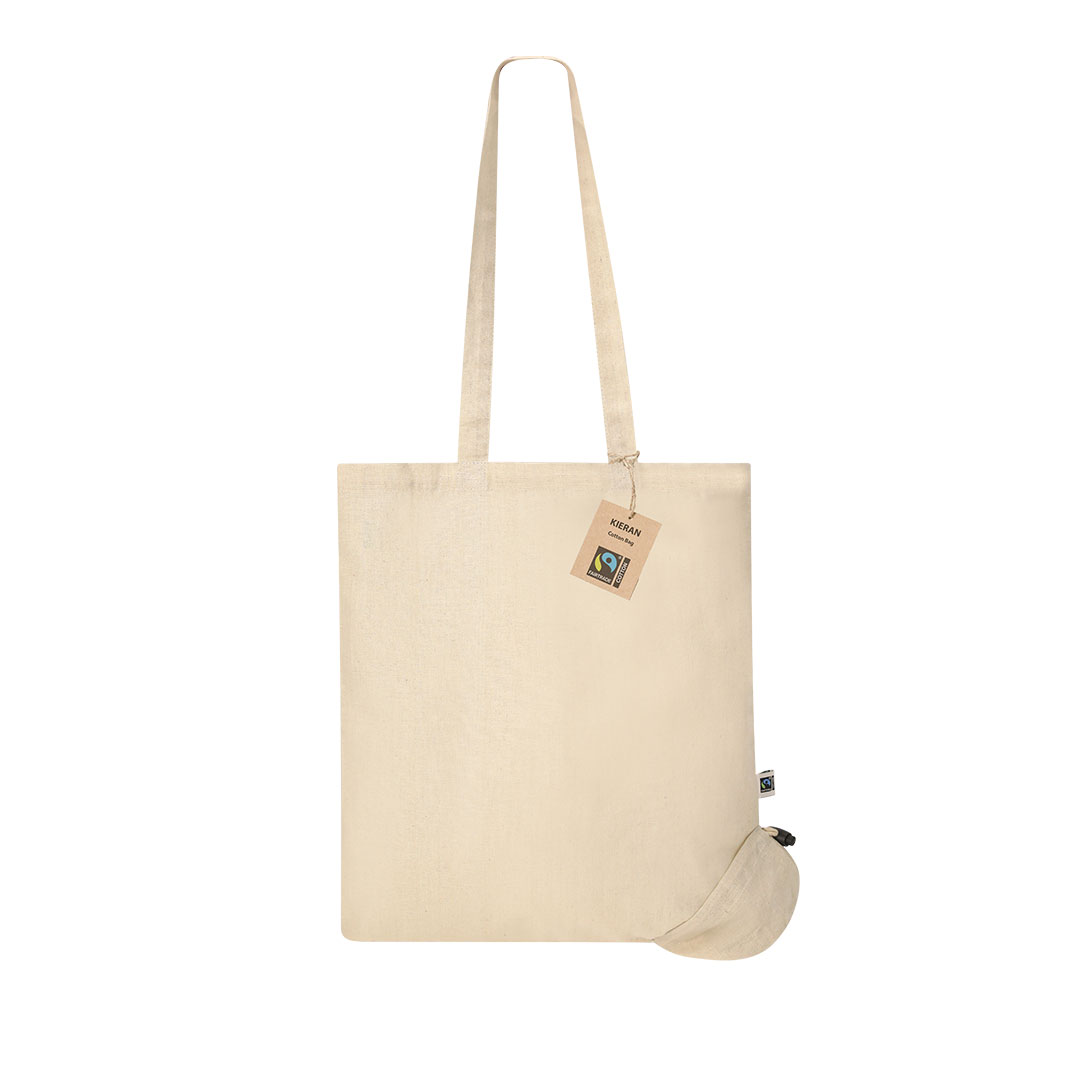 Faltbare Baumwolltasche Kieran Fairtrade zertifiziert in der Farbe natur mit langen Henkeln unf Hangtag aus Kraftkarton mit Fairtrade-Logo