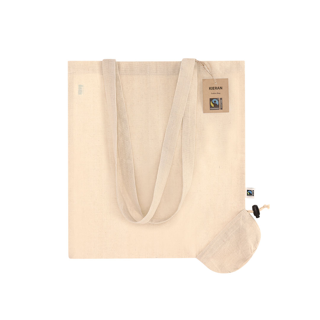 Faltbare Baumwolltasche Kieran Fairtrade zertifiziert in der Farbe natur mit langen Henkeln unf Hangtag aus Kraftkarton mit Fairtrade-Logo Ansicht flach