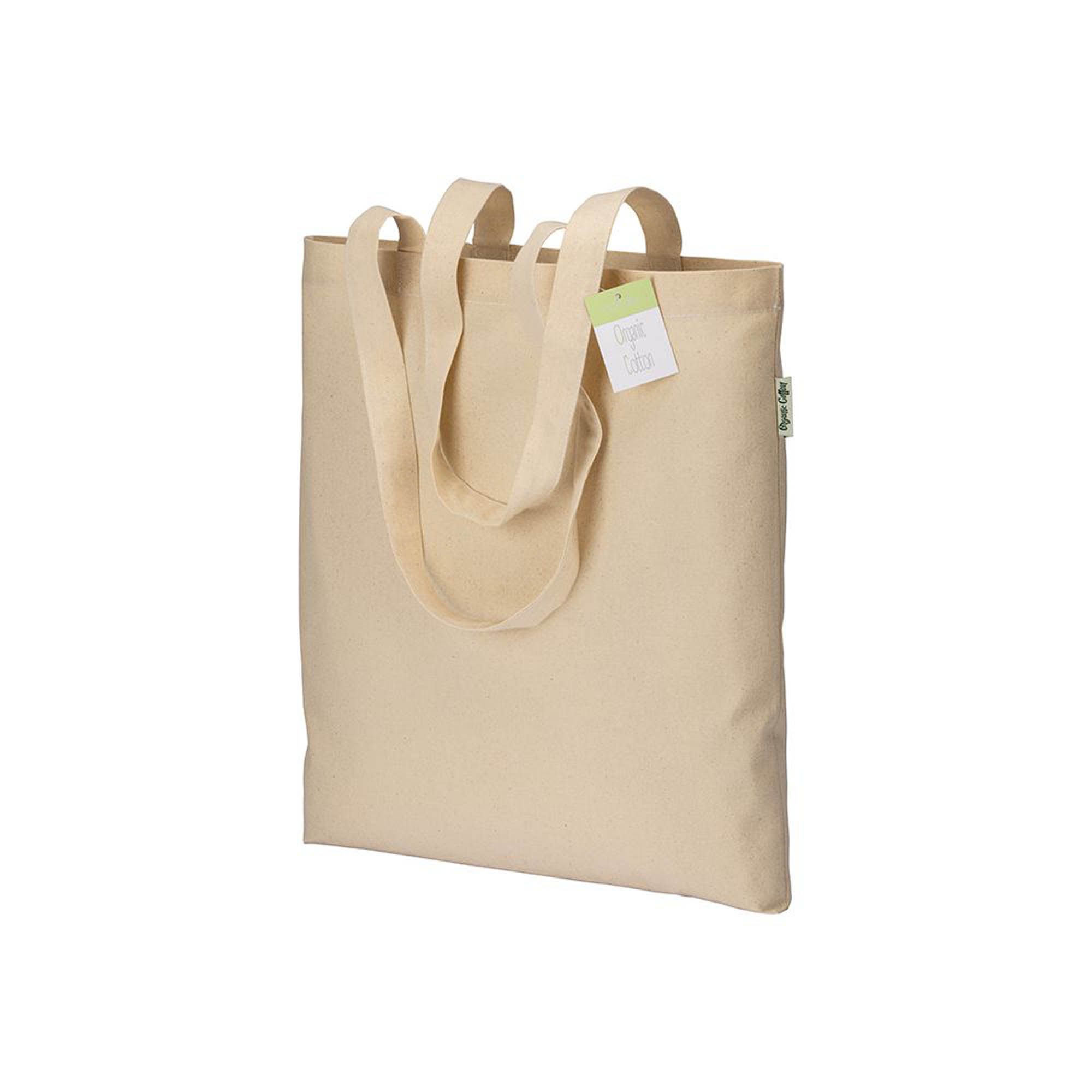 Bio-Baumwolltasche Cerea Premium in Natur – 190 g/m² Bio-Baumwolle, 38x42 cm, lange Henkel 70 cm, Organic-Cotton-Außenlabel, Kreuznähte, bedrucken