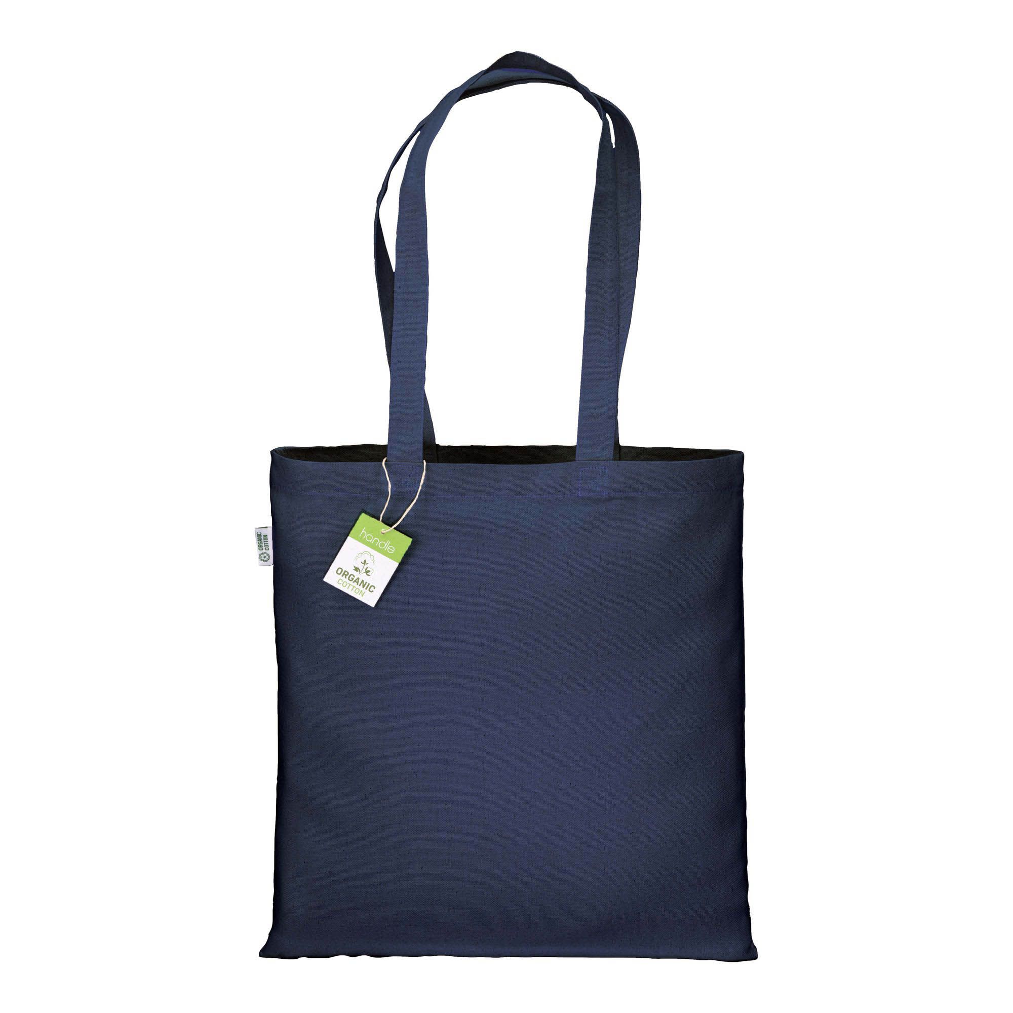 Bio-Baumwolltasche Gallipoli in Dunkelblau – 220 g/m² Bio-Baumwolle, 38x42 cm, lange Henkel 70 cm, Kreuznähte, 4 Farben, bedrucken