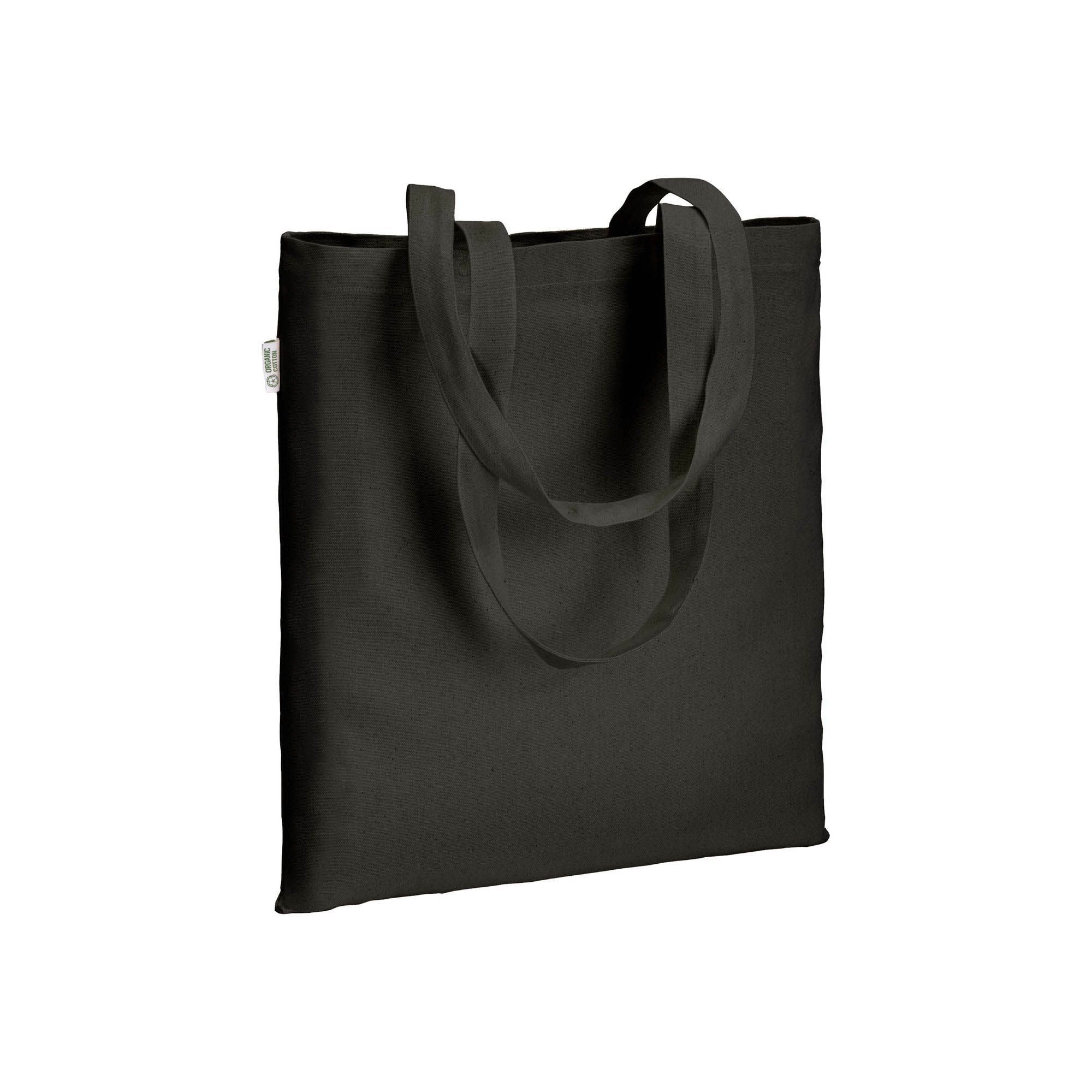 Bio-Baumwolltasche Gallipoli in Schwarz – 220 g/m² Bio-Baumwolle, 38x42 cm, lange Henkel 70 cm, Siebdruck & DTF Made in Germany, bedrucken