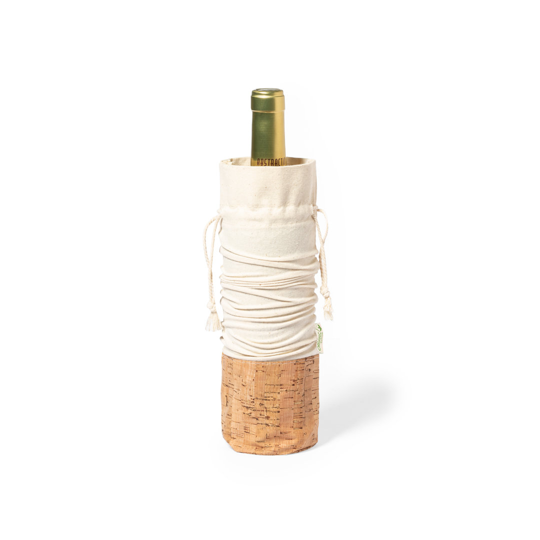 Flaschentasche Drazen Baumwolle Kork in Natur – mit Siebdruckmotiv, 8x34x8 cm, Druckfläche 5x10 cm, Bio-Baumwolle, Siebdruck Made in Germany