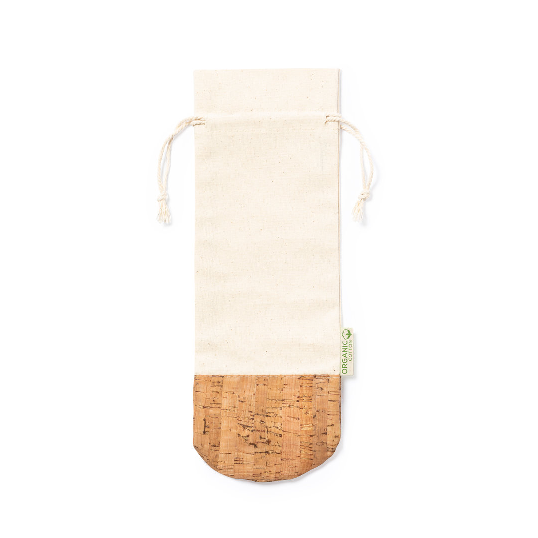 Flaschentasche Drazen Baumwolle Kork in Natur – Flachbild, Bio-Baumwolle oben, Kork unten, Zuziehkordel, 8x34x8 cm, nachhaltige Geschenktasche