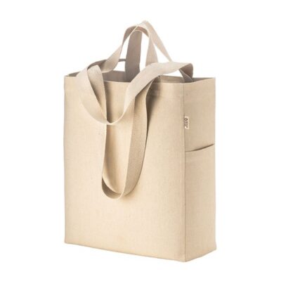 Tragetasche Taormina recycelter Canvas-Baumwollstoff mit zwei langen und kurzen gewebten Henkeln und 2 Seitentaschen