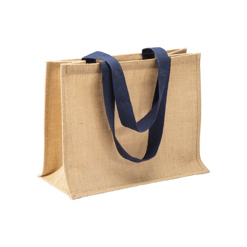 Jutetasche Ravello Shopper bedrucken – Natur mit dunkelblauen Baumwollhenkeln