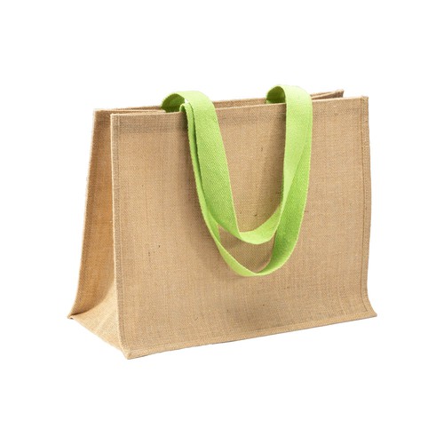 Jutetasche Ravello Shopper bedrucken – Natur mit Baumwollhenkeln in Lime