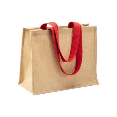 Jutetasche Ravello Shopper bedrucken – Natur mit roten Baumwollhenkeln