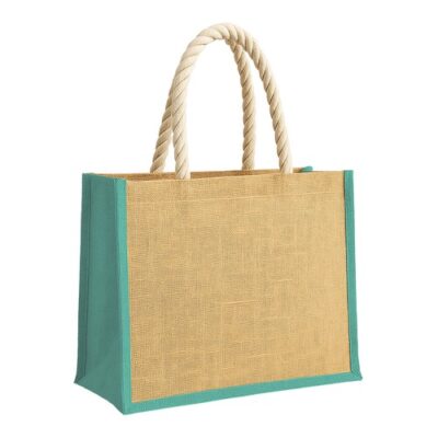 Jutetasche Trani bunte Boden- und Seitenfalte Farbe natur - türkis mit Kordel aus Baumwolle