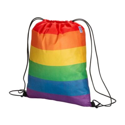 Regenbogen Turnbeutel Bardolino RPET – 70 g/m² R-PET Non-Woven, 38x42 cm, Regenbogen-Streifendesign, schwarze Kordel, jetzt bedrucken