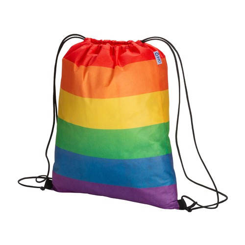 Regenbogen Turnbeutel Bardolino RPET – 70 g/m² R-PET Non-Woven, 38x42 cm, Regenbogen-Streifendesign, schwarze Kordel, jetzt bedrucken