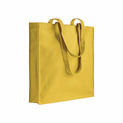 Einkaufstasche Roma Baumwolle in Gelb – 180 g/m² OEKO-TEX Baumwolle, 38x42x8 cm, Boden- und Seitenfalte, lange Henkel 70 cm, bedrucken