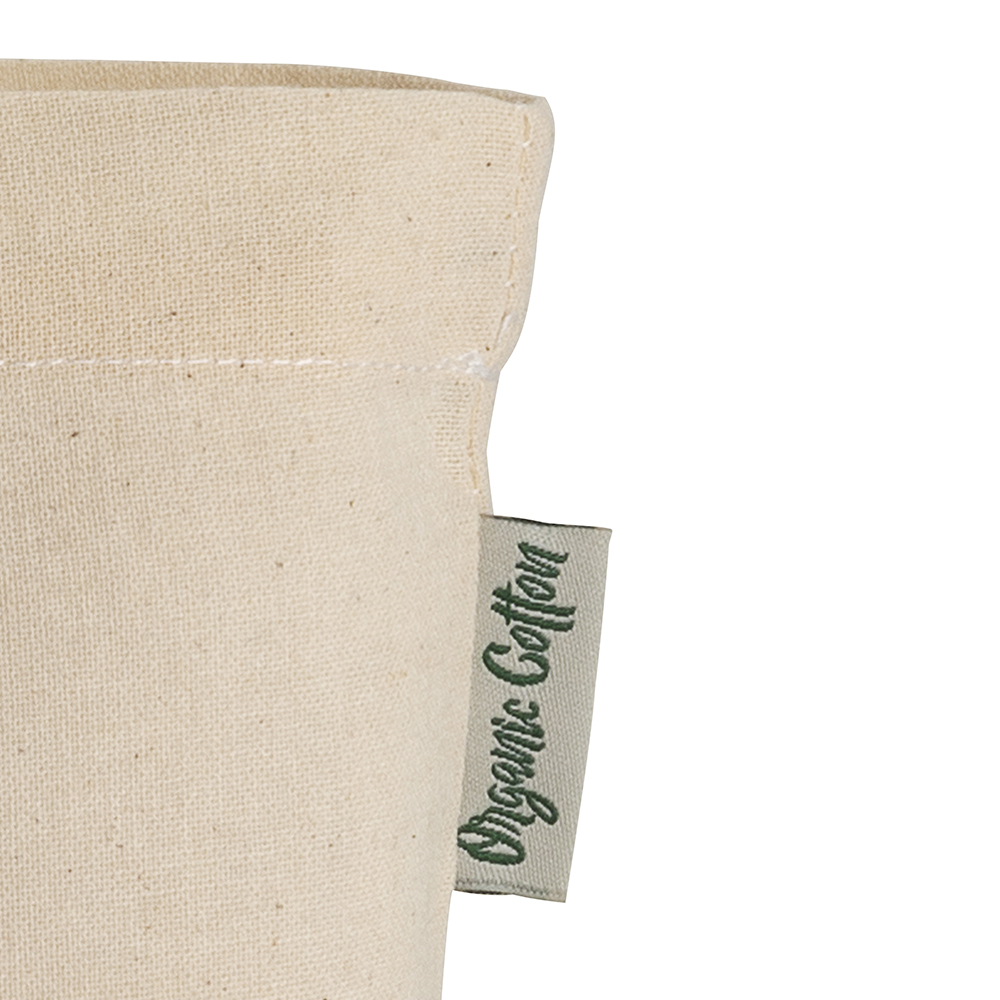Midi Bio-Baumwolltasche Cento – Detailansicht Organic Cotton Etikett, 120 g/m² Bio-Baumwolle, OEKO-TEX Standard 100 zertifiziert