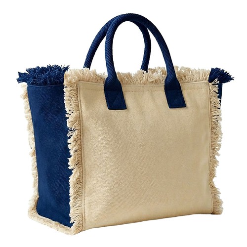 Canvastasche Scalea Strandtasche in Natur-Navy – 450 g/m² Baumwoll-Canvas, 41x37x20 cm, Reißverschluss, Innentasche, Bodenfalte, bedruckbar