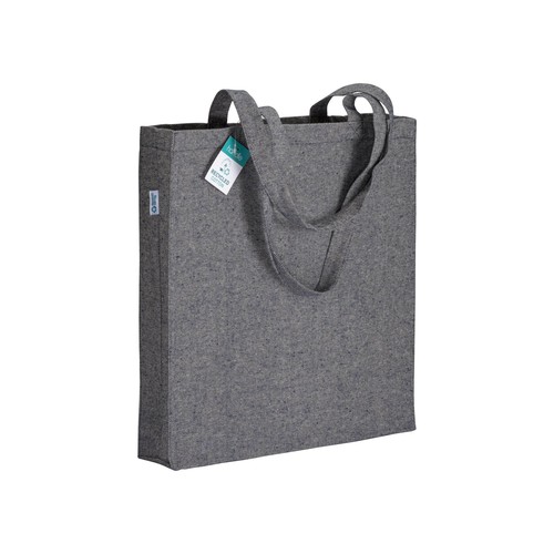 Recycling Baumwollshopper Ischia in Dunkelblau – 280 g/m², 38x42x8 cm, Boden- und Seitenfalte, lange Henkel, jetzt bedrucken