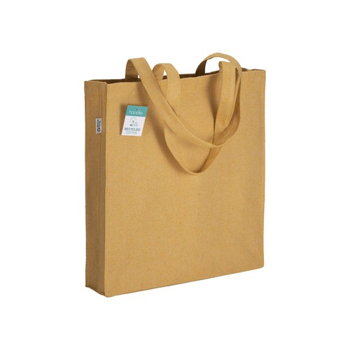 Recycling Baumwollshopper Ischia in Gelb – 280 g/m², 38x42x8 cm, Boden- und Seitenfalte, lange Henkel, jetzt bedrucken