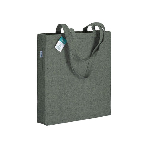 Baumwollshopper Ischia recycelte Baumwolle in Grün – 280 g/m², 38x42x8 cm, Boden- und Seitenfalte, lange Henkel, jetzt bedrucken