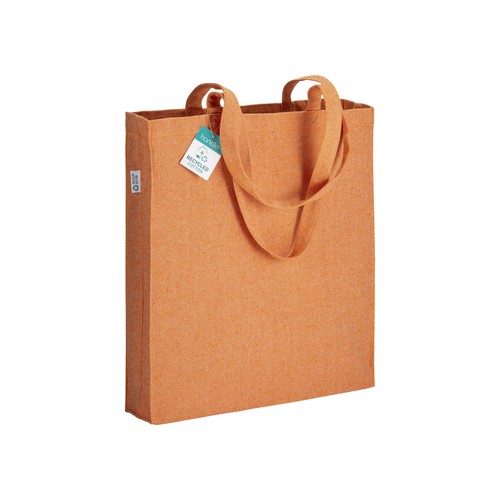 Baumwollshopper Ischia recycelte Baumwolle in Orange – 280 g/m², 38x42x8 cm, Boden- und Seitenfalte, lange Henkel, jetzt bedrucken