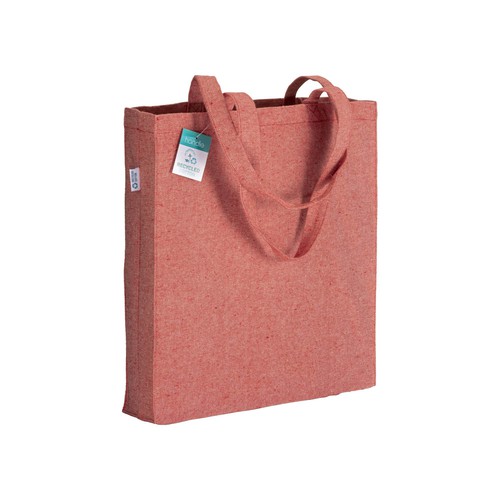 Baumwollshopper Ischia recycelte Baumwolle in Rot – 280 g/m², 38x42x8 cm, Boden- und Seitenfalte, lange Henkel, jetzt bedrucken