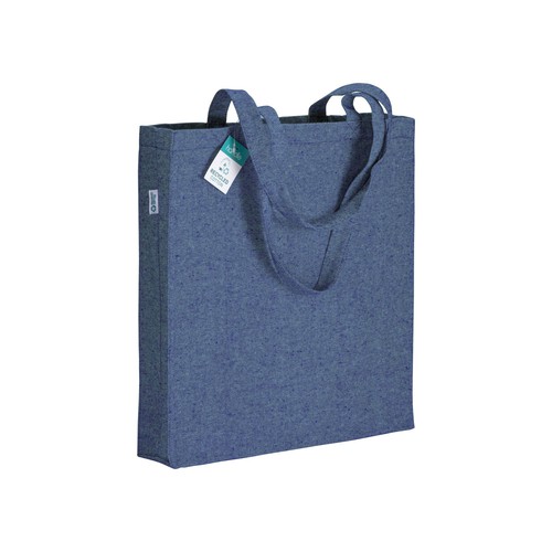 Baumwollshopper Ischia recycelte Baumwolle in Royalblau – 280 g/m², 38x42x8 cm, Boden- und Seitenfalte, lange Henkel, jetzt bedrucken