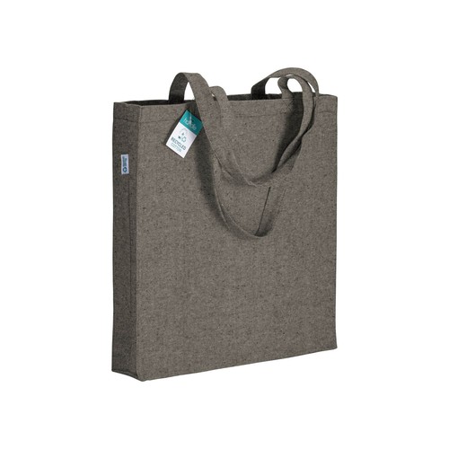 Baumwollshopper Ischia recycelte Baumwolle in Schwarz – 280 g/m², 38x42x8 cm, Boden- und Seitenfalte, lange Henkel, jetzt bedrucken