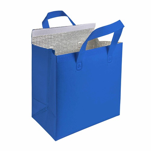 Kühltasche Mouy Isoliertasche für Pizza bedrucken – geöffnete Ansicht mit isolierender Innenbeschichtung in Blau