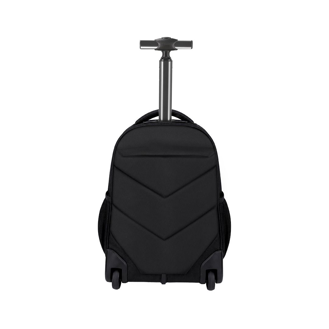 Business Trolley Rucksack Mirel bedrucken – Rückansicht mit Rollen und Teleskopgriff in Schwarz