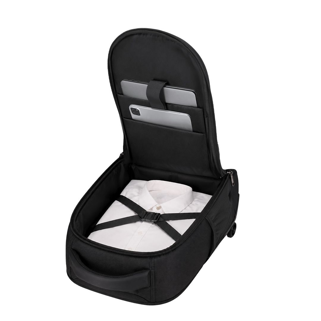 Business Trolley Rucksack Mirel bedrucken – Detailansicht Innenraum mit Packgurten in Schwarz