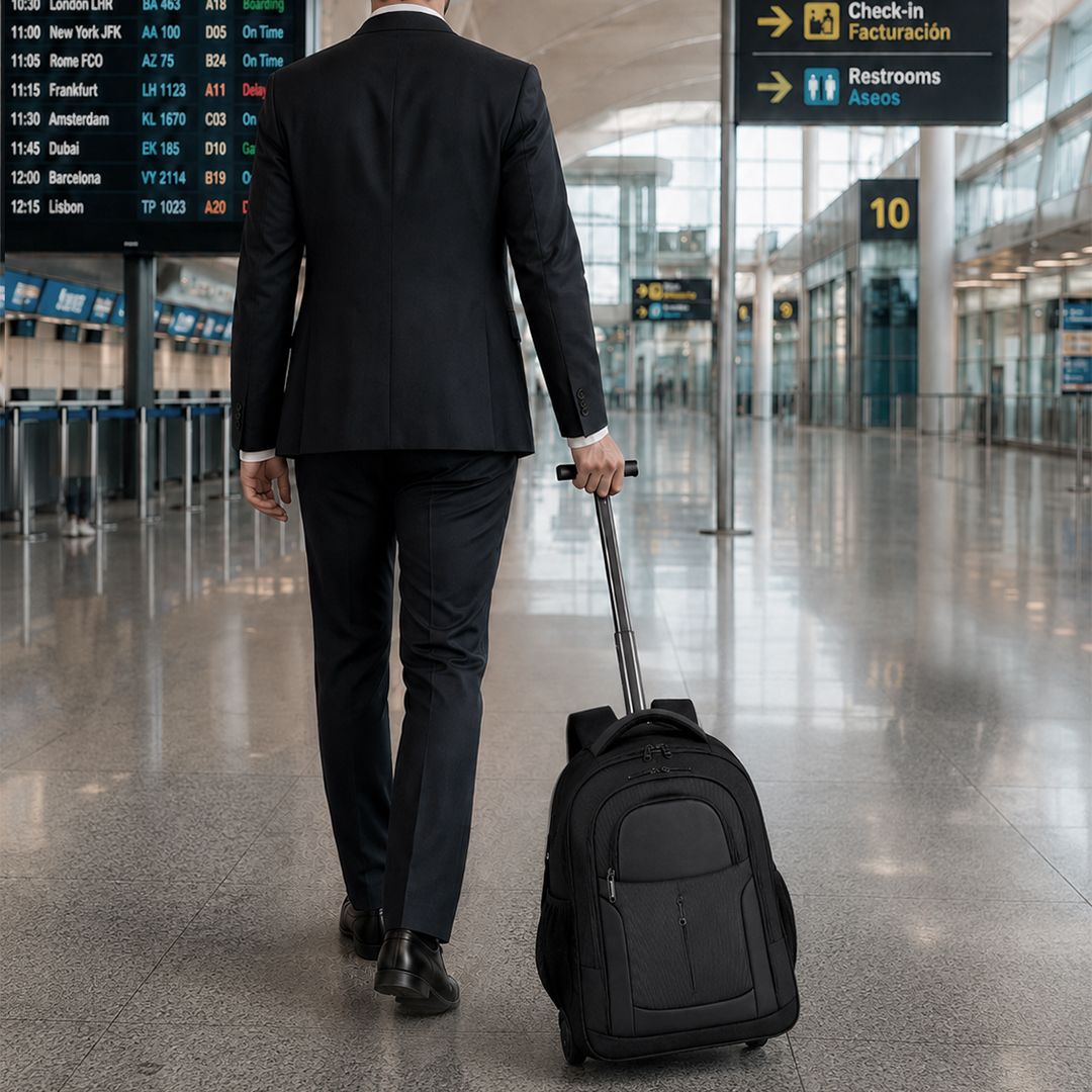 Business Trolley Rucksack Mirel bedrucken – Lifestyle-Ansicht als Trolley in Schwarz