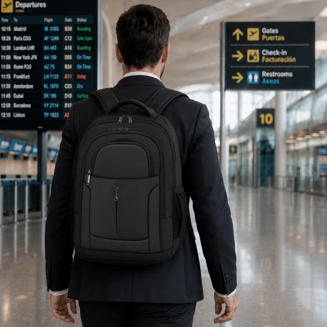 Business Trolley Rucksack Mirel bedrucken – Lifestyle-Ansicht als Rucksack in Schwarz